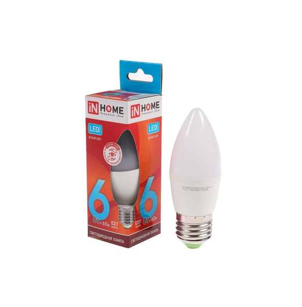 Лампа светодиодная LED-СВЕЧА-VC 6Вт 230В Е27 3000К/ 4000К /6500К 570Лм IN HOME