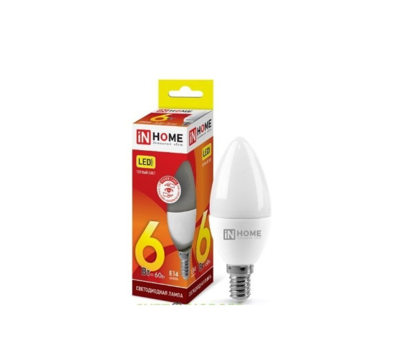Лампа светодиодная LED-СВЕЧА-VC 6Вт 230В Е14 3000К / 4000К / 6500К 570Лм IN HOME