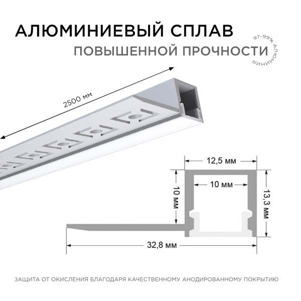 Профиль под штукатурку боковой  2500х33х13мм для led ленты шир. до 10мм, +экран, заглушки 08-50