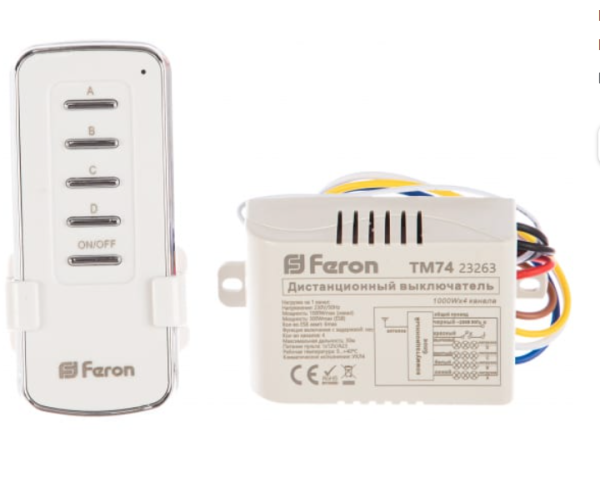 Выключатель дистанционный FERON TM74 230V 1000W 4-х канальный 30м с пультом управления