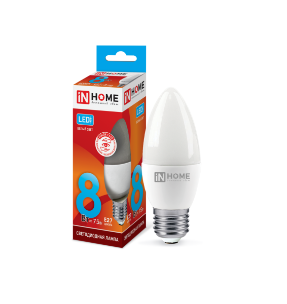 Лампа светодиодная LED-СВЕЧА-VC 8Вт 230В Е27 3000К / 4000К / 6500К 760Лм IN HOME