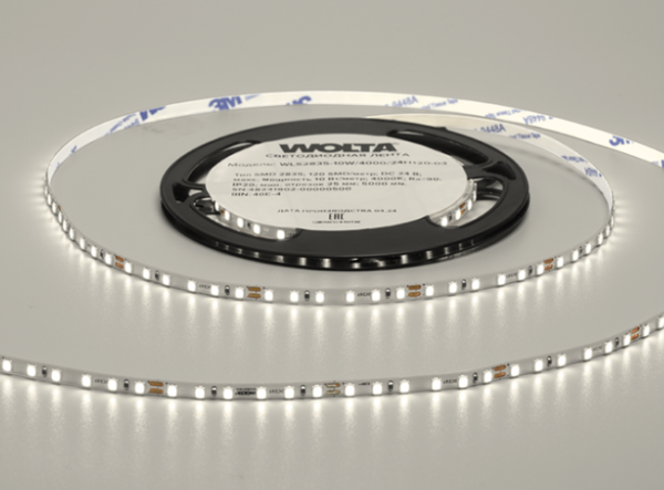 Светодиодная лента WOLTA WLS2835-10W/3000/24H120-03 SMD2835 3000К 24В IP20 тепл.бел. узкая 5мм