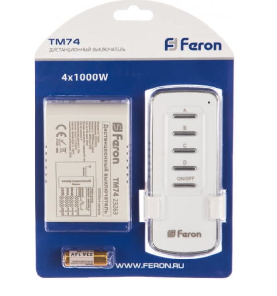 Выключатель дистанционный FERON TM74 230V 1000W 4-х канальный 30м с пультом управления
